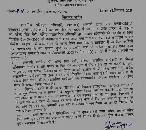 हल्द्वानी: RTO कार्यालय में फायरिंग मामले में वरिष्ठ प्रशासनिक अधिकारी महेंद्र सिंह नेगी निलंबित