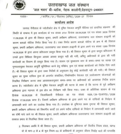 हल्द्वानी: ज्योलिकोट दूषित पानी मामले में बड़ी कार्रवाई, जल संस्थान के प्रभारी अधीक्षण अभियंता विशाल कुमार समेत तीन अधिकारी निलंबित